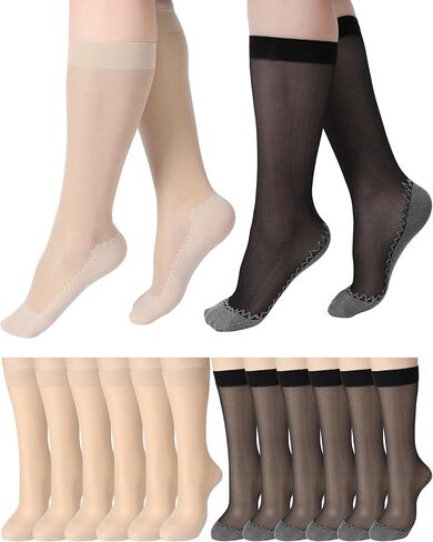 12 زوجًا من الجوارب النسائية الشفافة بنعل قطني من النايلون السائب على الساق، جوارب حريرية معززة مضادة للانزلاق للنساء، أسود وعاري in Kuwait