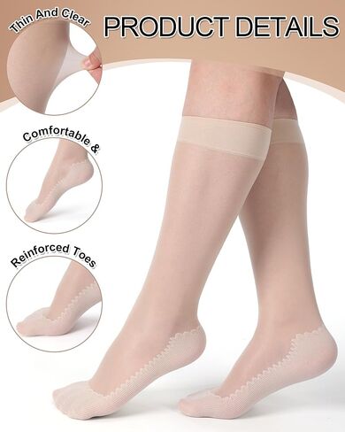 12 زوجًا من الجوارب النسائية الشفافة بنعل قطني من النايلون السائب على الساق، جوارب حريرية معززة مضادة للانزلاق للنساء، أسود وعاري in Kuwait