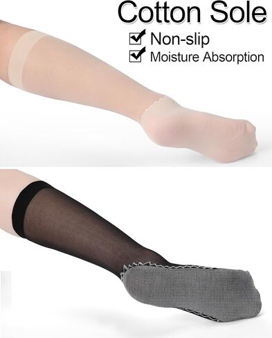 12 زوجًا من الجوارب النسائية الشفافة بنعل قطني من النايلون السائب على الساق، جوارب حريرية معززة مضادة للانزلاق للنساء، أسود وعاري in Kuwait