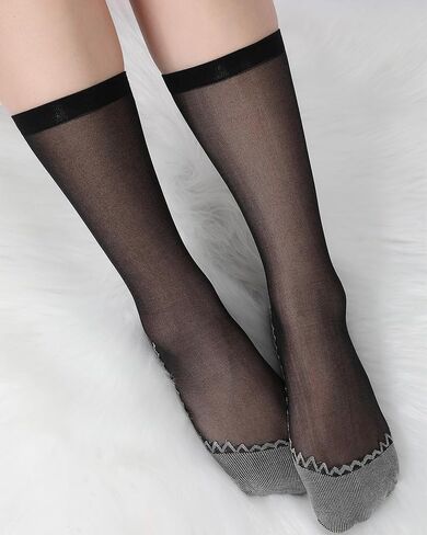 12 زوجًا من الجوارب النسائية الشفافة بنعل قطني من النايلون السائب على الساق، جوارب حريرية معززة مضادة للانزلاق للنساء، أسود وعاري in Kuwait