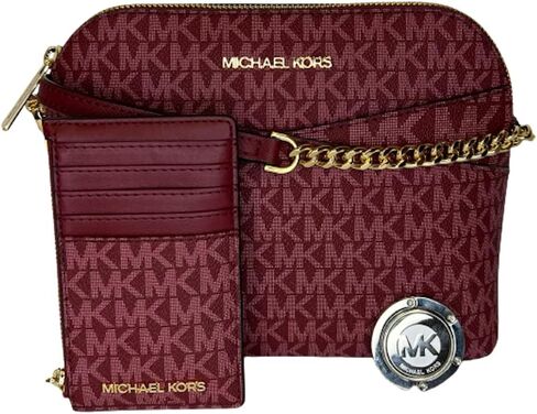 مجموعة MICHAEL Michael Kors Jet Set Travel MD Dome XCross Crossbody مع حقيبة معدنية SM TZ وخطاف محفظة مايكل كورس (Signature MK Mulberry) in Saudi Arabia