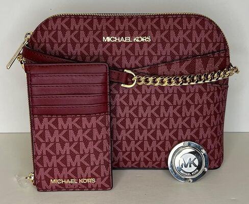 مجموعة MICHAEL Michael Kors Jet Set Travel MD Dome XCross Crossbody مع حقيبة معدنية SM TZ وخطاف محفظة مايكل كورس (Signature MK Mulberry) in Saudi Arabia