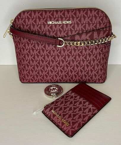مجموعة MICHAEL Michael Kors Jet Set Travel MD Dome XCross Crossbody مع حقيبة معدنية SM TZ وخطاف محفظة مايكل كورس (Signature MK Mulberry) in Saudi Arabia