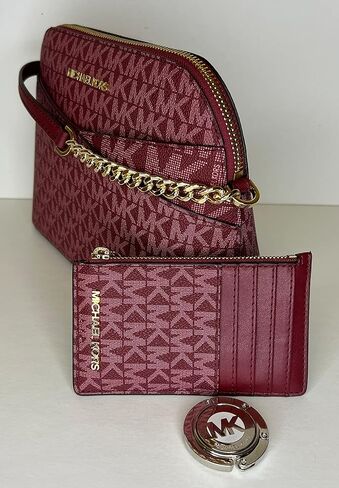 مجموعة MICHAEL Michael Kors Jet Set Travel MD Dome XCross Crossbody مع حقيبة معدنية SM TZ وخطاف محفظة مايكل كورس (Signature MK Mulberry) in Saudi Arabia
