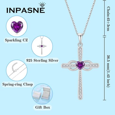 Women Cross Necklace 925 Sterling Silver Infinity Cross Necklace Heart Birthstone Pendant Religious Jewelry Gifts for Her in Kuwait
