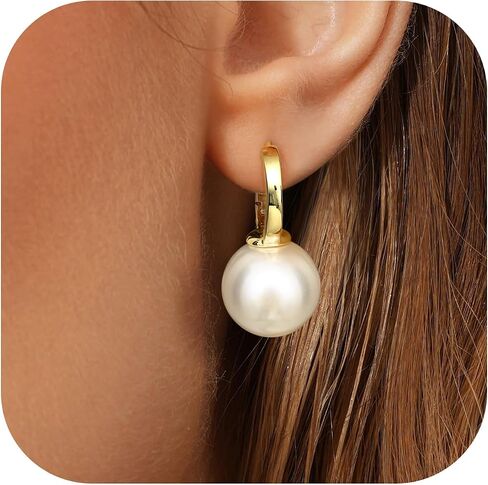 FUNRUN JEWELRY 14K Gold Pearl Earrings for Women Gold Bow Earrings Dainty Dangle Earrings for Women Pearl Bow Earrings Dangling Wedding Pearl Drop Earrings Jewelry in Saudi Arabia