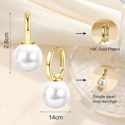 FUNRUN JEWELRY 14K Gold Pearl Earrings for Women Gold Bow Earrings Dainty Dangle Earrings for Women Pearl Bow Earrings Dangling Wedding Pearl Drop Earrings Jewelry in Saudi Arabia