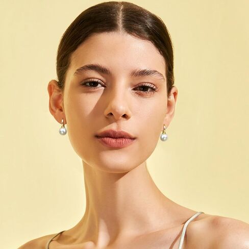FUNRUN JEWELRY 14K Gold Pearl Earrings for Women Gold Bow Earrings Dainty Dangle Earrings for Women Pearl Bow Earrings Dangling Wedding Pearl Drop Earrings Jewelry in Saudi Arabia