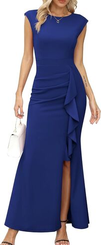Missufe Women's Cap Sleeve Round Neck Ruffle Split Bodycon Mermaid Hem Evening Cocktail Long Dress in Kuwait