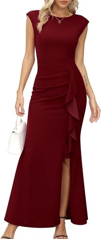 Missufe Women's Cap Sleeve Round Neck Ruffle Split Bodycon Mermaid Hem Evening Cocktail Long Dress in Kuwait