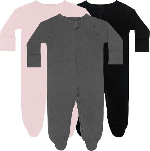 GUISBY Long Sleeve Baby Footed Pajamas with Mittens Cotton Sleepers with Zipper 3-Pack in Kuwait