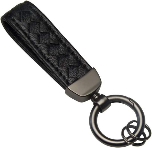 TANGSEN Black Woven Leather Keychain Handmade Knit Sheepskin Wrist Strap Fingerprint Resistant Frosted Finishes Plating Matte Metal Sturdy Detachable Key Chain Ring in Saudi Arabia