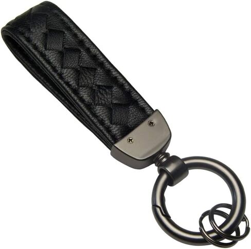 TANGSEN Black Woven Leather Keychain Handmade Knit Sheepskin Wrist Strap Fingerprint Resistant Frosted Finishes Plating Matte Metal Sturdy Detachable Key Chain Ring in Saudi Arabia