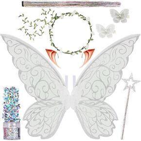 Fairy Wings for Adults and Girls Floral Garland Star Wands Hair Tinsel Elf Ears Fairy Costume Halloween Cosplay 10PCS