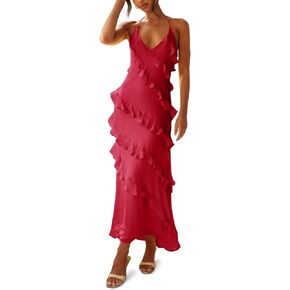 Wenrine Womens Sexy Chiffon Halter Maxi Dress Sleeveless Backless Ruffle Tassel Party Club Dresses