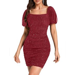 KIFOVEN Women's Glitter Mesh Short Sleeve Square Neck Ruched Bodycon Club Mini Dress