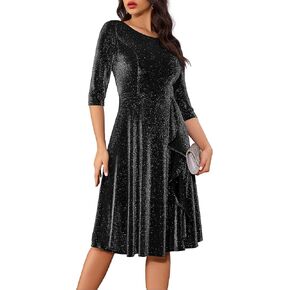 BeryLove Women Glitter Formal Party Dress 3/4 Sleeve Sparkly Cocktail Midi Prom Dress