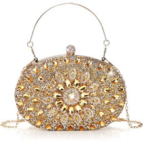 Rhinestone Evening Clutch Purse, Gold Sparkling Glitter Wrist Clutch Bag with Detachable Chain, Crystal Diamond Lady HandBag for Wedding, Party, Prom, Date Night