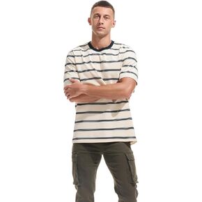 VEIISAR Men's Heavy Weight Crew Neck T-Shirt - Mens Thick Premium Cotton Blend Striped Tee 7 oz