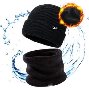 TOP-EX Oversized XL XXL Waterproof Beanies Scarf Set Fleece Lined Neck Protection Mens Womens Gift