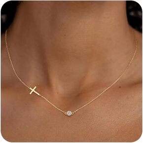 MIDEEO Cross Necklace for Women, Dainty 14k Gold Plated Cross Pendant Necklace Gold Cross Birthstone Necklace Tiny Sideway Cross Choker Necklace Trendy Christmas Gift for Women