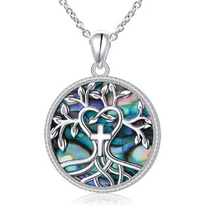 Tree of Life Necklace 925 Sterling Silver Abalone Shell Cross/Triple Moon Goddess Pendant Religious Jewelry for Women Men Mom Wife Daughter Sister Friend for Valentine Birthday Christmas Jewelry