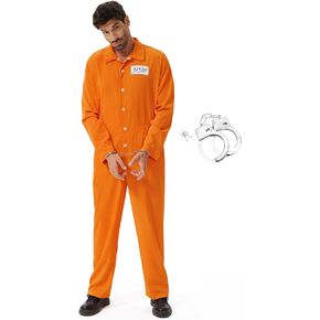Arvilhill Men's Orange Prisoner Costume Halloween Jail Criminal Jumpsuit with Handcuff