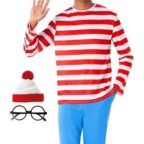 Morph Red and White Stripe Shirt Costume with Hat and Round Glasses, Easy Adult Costume, Book Character Costume For Adults