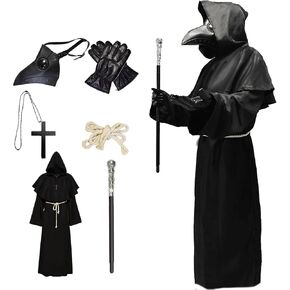 Plague Doctor Costume Set Plague Doctor Mask Props Cosplay Outfit Mask Hat Robe Cloak Cane Halloween Costume (Large)