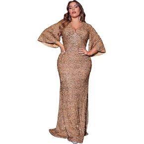 Women's Plus Size Gorgeous Sequin Dresses Flutter Sleeve Mermaid V Neck Maix Dress Floor-Length Evening Gowns