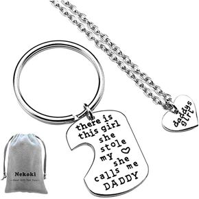 Dad Daughter Keychain Gift Fathers Day Gift There's This Girl Who Stole My Heart She Calls Me Daddy Keychain Necklace Set Father's Day Christmas Birthday Gift