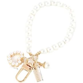 Pearl Keychain, Wristlet Golden Imitation Pearl Key Chain Women Cute Purse Charms Pendant Love Heart Girly Backpack Key Ring Accessory for Car Keys