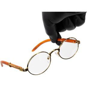 Street Knitted Men's Women's Classic Oval Red Wood Arm Vintage Narrow Nerd Retro 90's Circle Hip Hop Clear Tint Glasses Round Gold Frame Non Prescription Woodgrain Clear Lens Eye Glasses