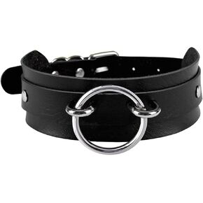 Men's Black Wide Faux Leather Collar Choker Adjustable Thick PU Necklace for Women,Alloy Metal Big Round Ring Charm (Black+Chocker)