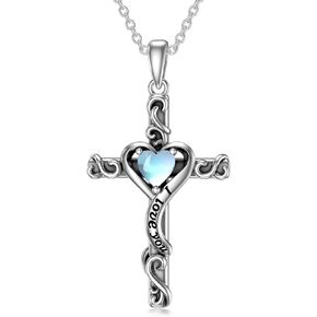 TOUPOP Valentines Day Gifts Birthstone Cross Necklace for Women 925 Sterling Silver Heart Cross Pendant Necklace I Love You Jewelry Birthday Gifts for Her Girlfriend Wife Mom
