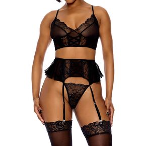 Forplay womens All the Frills Lace and Ruffles Bra and Garter Belt Lingerie Set