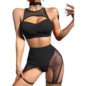 Lilosy Sexy Fishnet Cutout Rave Outfits Chocker Garter Lingerie Set 4 Piece