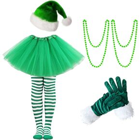Women Christmas Costume, Xmas Women Tutu Skirt with Hat Striped Tights Gloves, Christmas Elf Costume Santa Skirt