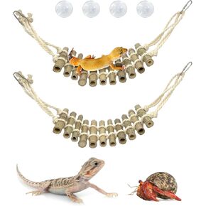 Reptile Bridge for Terrarium，2 Pack Wooden Bearded Dragon Climbing Ladder Hanging Flexible Swing Tank Deor Accessories for Gecko Hermit Crab Chameleons Turtle Lizard Frog