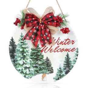 TOARTI Winter Welcome Sign for Front Door Decor Merry Christmas Wooden Welcome Door Sign for Xmas Pine Trees Winter Welcome Wooden Wreath Wall Hanging