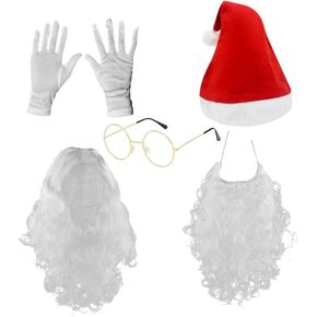 Santa Claus Beard and Wig Set Hat Gloves Glasses Adult Christmas Santa Costume Accessories Set 5 Pcs