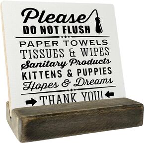 Bathroom Wood Sign, Farmhouse Do Not Flush, Plaque with Wooden Stand, Bathroom Wood Sign Plaque Gift, Paper Towels, Kittens And Puppies Funny Bathroom Sign, Funny Do Not Flush Sign, Small Wood Sign