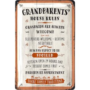 Grandparents House Rules, Vintage Tin Sign in Wood Sign-design for Grandpa & Grandma, Grandkids Welcome, Family Wall Decor, Vintage Metal Signage, 12x8"