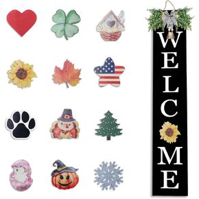 Interchangeable Outdoor Welcome Sign for Front Porch Standing 47"X8" Set of 3 Large Wood Frame with 12 Pcs Icons Vertical Tall Leaner Outside Welcome Sign for Front Door Decor(Wood)