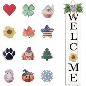 Interchangeable Outdoor Welcome Sign for Front Porch Standing 47"X8" Set of 3 Large Wood Frame with 12 Pcs Icons Vertical Tall Leaner Outside Welcome Sign for Front Door Decor(Wood)
