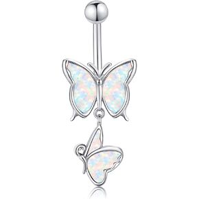 YAFEINI Butterfly Belly Button Rings Sterling Silver Opal Dangle Navel Ring Barbell Piercing Jewelry for Women