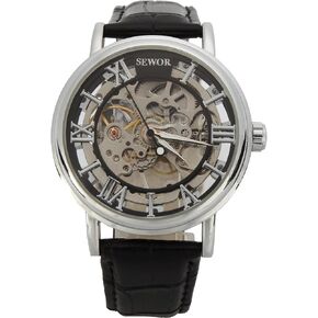 SEWOR Men's Mechanical Skeleton Transparent Vintage Style Leather Wrist Watch