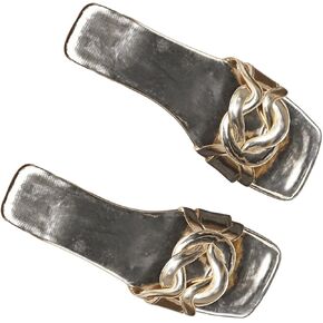 GORGLITTER Women's Twist Cross Strap Metallic Flat Sandals Square Open Toe Pu Leather Slide Shoes