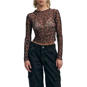 Women Y2k Sheer Mesh Top Leopard Long Sleeve See Through Layering Shirt Sexy Slim Fit Lace Crop Top Tee