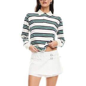 Women Rugby Polo Shirt Vintage Long Sleeve Oversized Striped Shirt Y2k Lapel Collar Pullover Crop Top 90s Streetwear